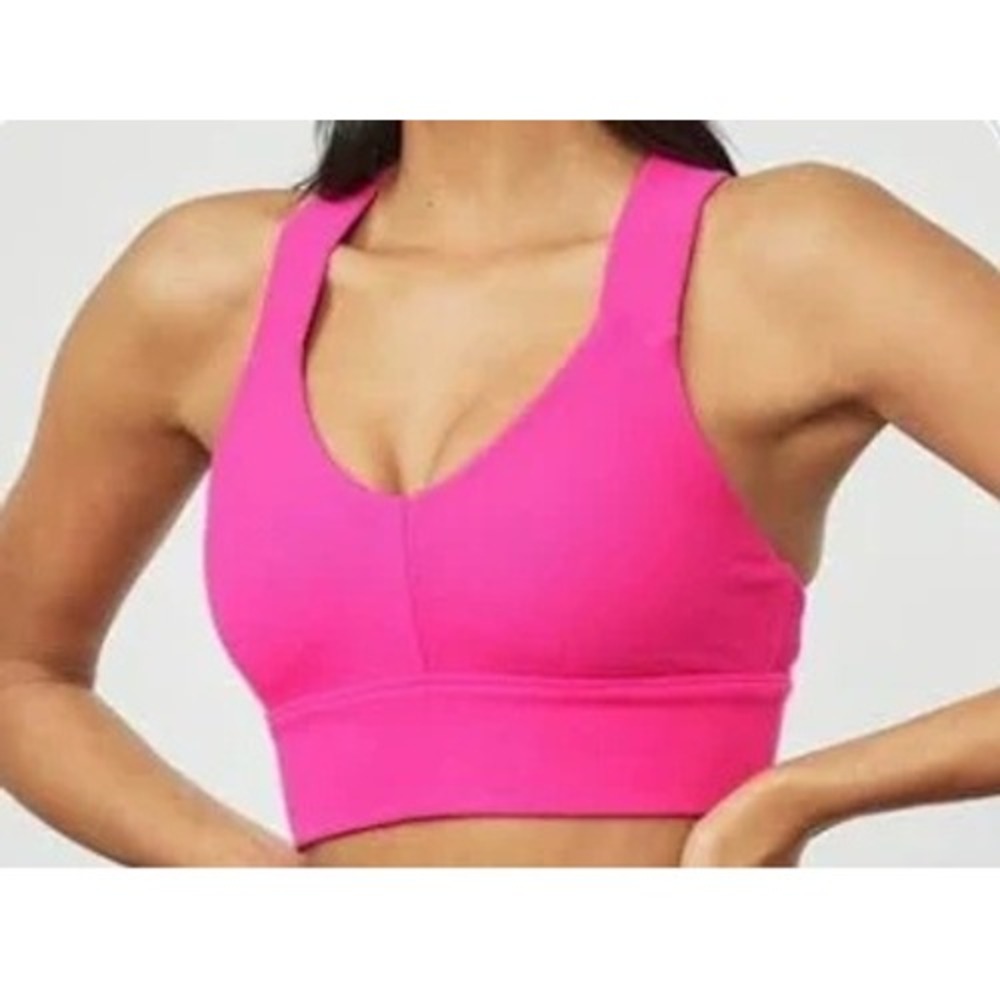 Alo Yoga Wild Thing Bra Neon Pink Ribbed V-Neck Cross Back Sports Bra Small